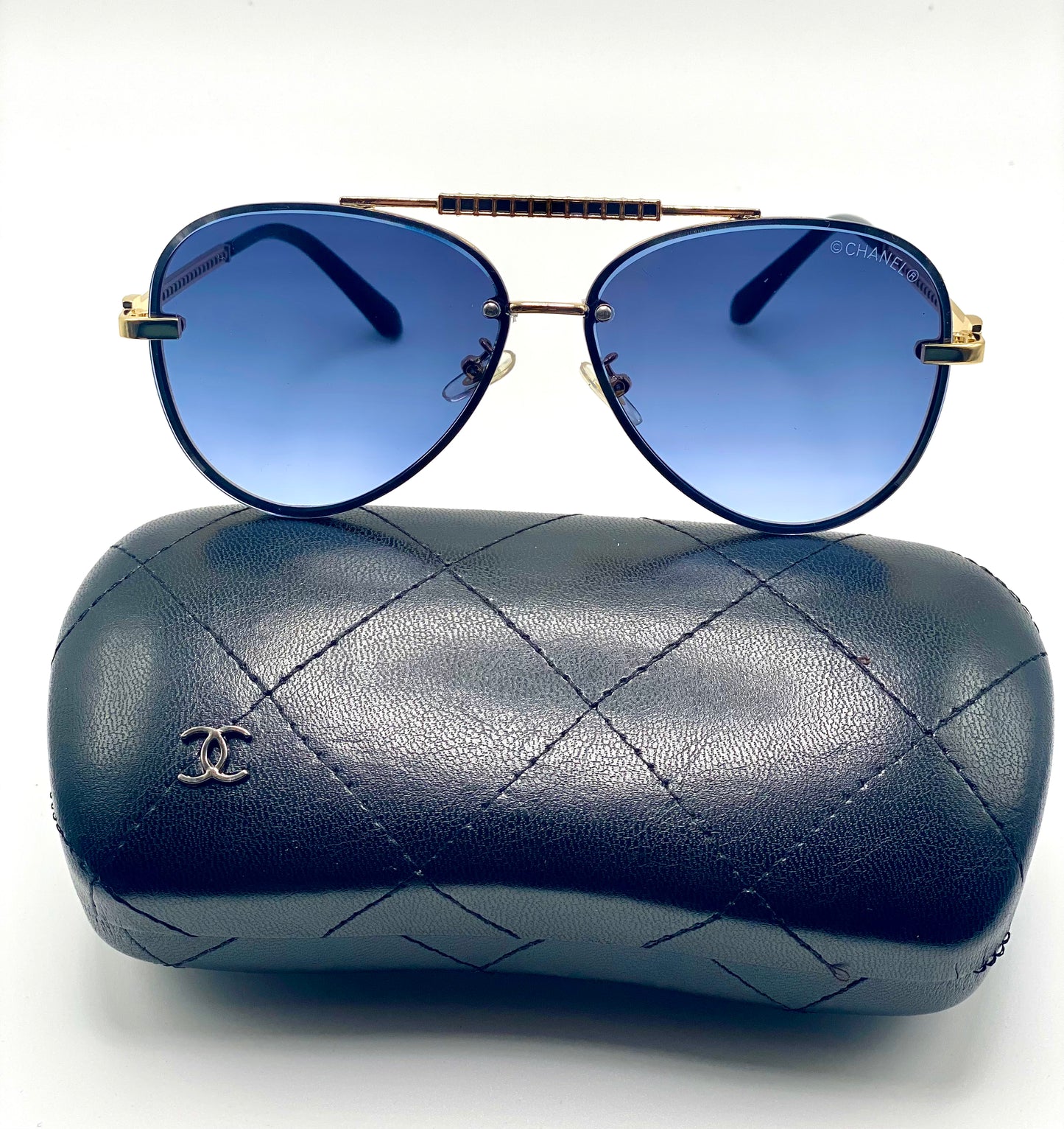 Chanel Men Women Sunglasses Golden Frame Deep Blue Lenses 65-16-142