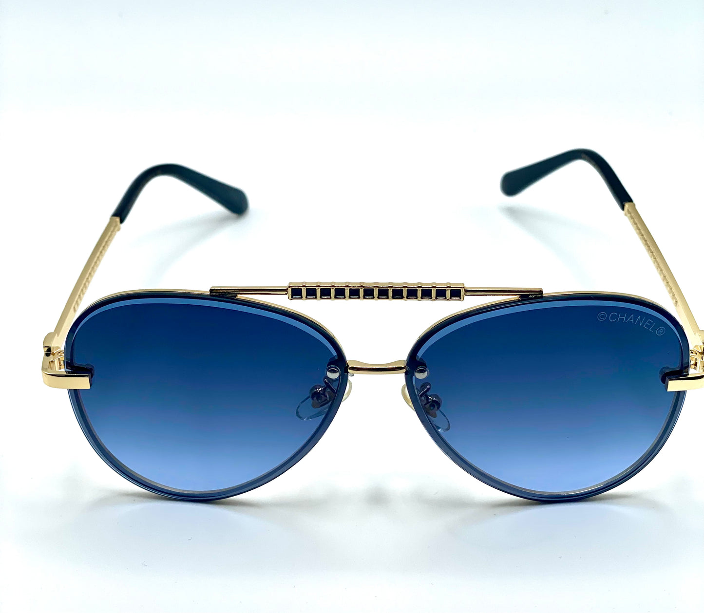 Chanel Men Women Sunglasses Golden Frame Deep Blue Lenses 65-16-142