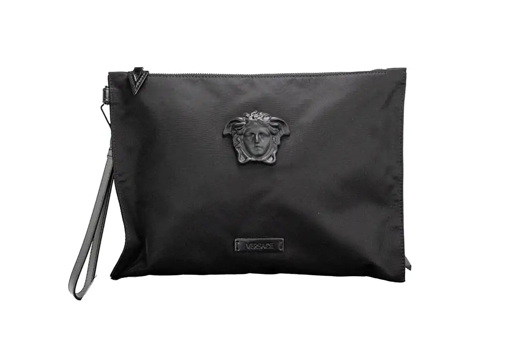 Versace Large Black Nylon Medusa Convertible Pouch Clutch