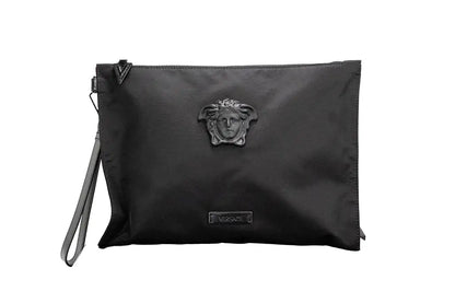 Versace Large Black Nylon Medusa Convertible Pouch Clutch