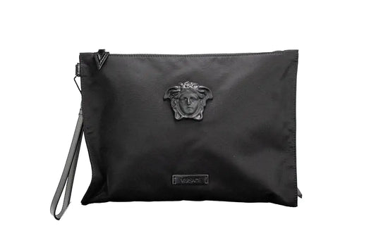 Versace Large Black Nylon Medusa Convertible Pouch Clutch