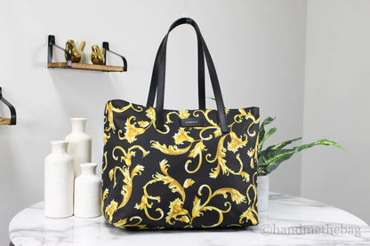 Versace Large Black Gold Print Nylon Stampato Tote