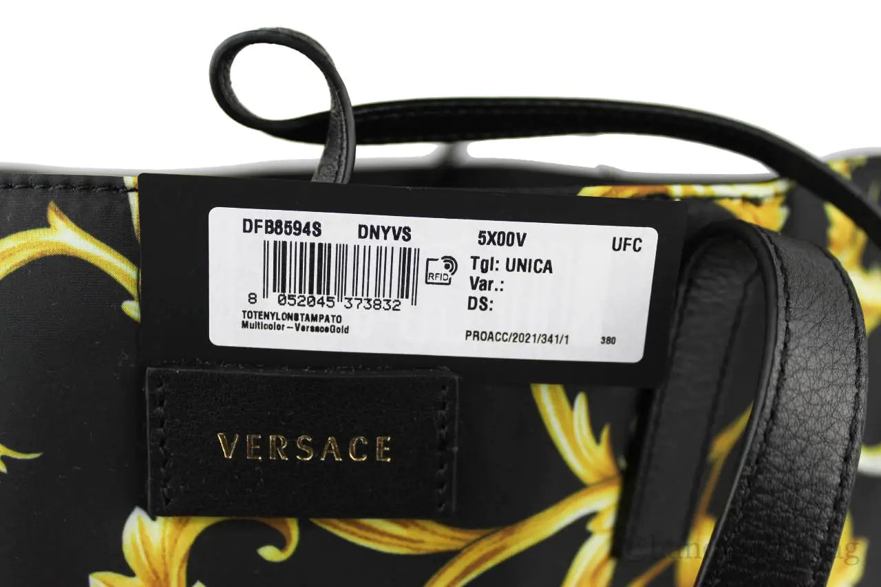 Versace Large Black Gold Print Nylon Stampato Tote