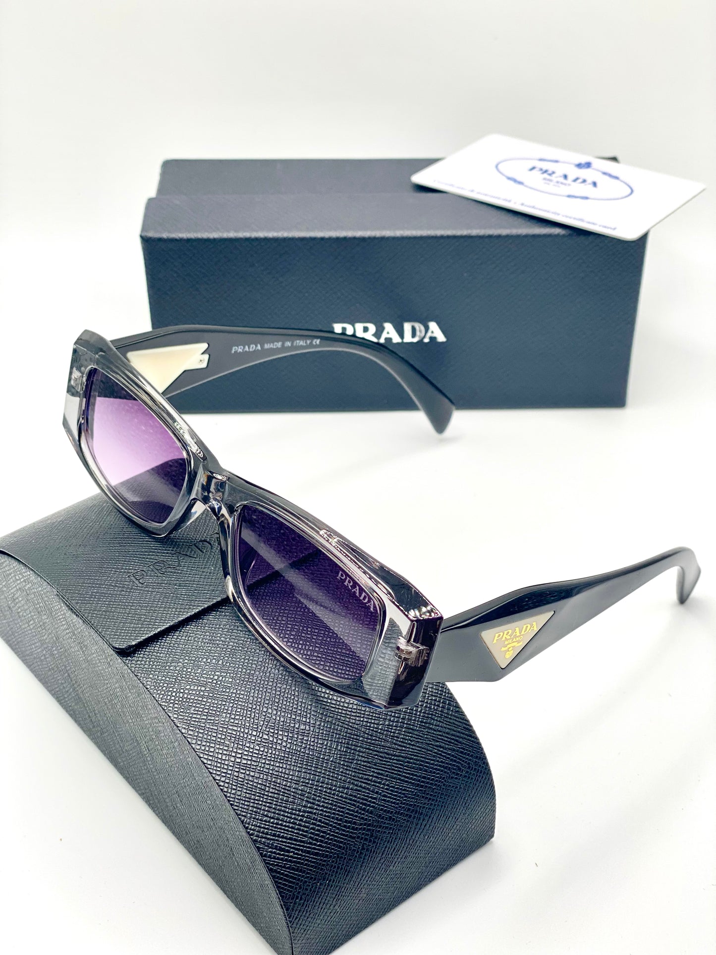 Prada Milano Sunglasses Women Black And Transparent Frame Grey Gradient Lenses