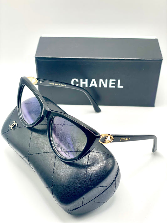 Chanel Women Eyeglasses Frame Black Plastic Frame With Gold Tone And Stones Logo