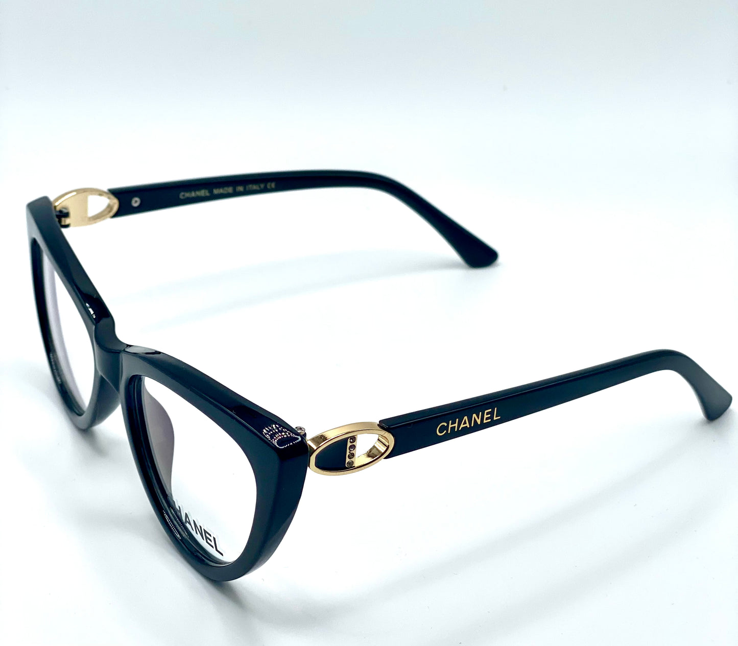 Chanel Women Eyeglasses Frame Black Plastic Frame With Gold Tone And Stones Logo