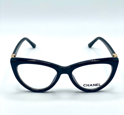 Chanel Women Eyeglasses Frame Black Plastic Frame With Gold Tone And Stones Logo