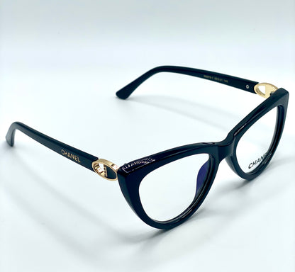 Chanel Women Eyeglasses Frame Black Plastic Frame With Gold Tone And Stones Logo