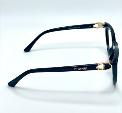 Chanel Women Eyeglasses Frame Black Plastic Frame With Gold Tone And Stones Logo