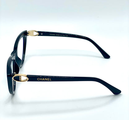 Chanel Women Eyeglasses Frame Black Plastic Frame With Gold Tone And Stones Logo