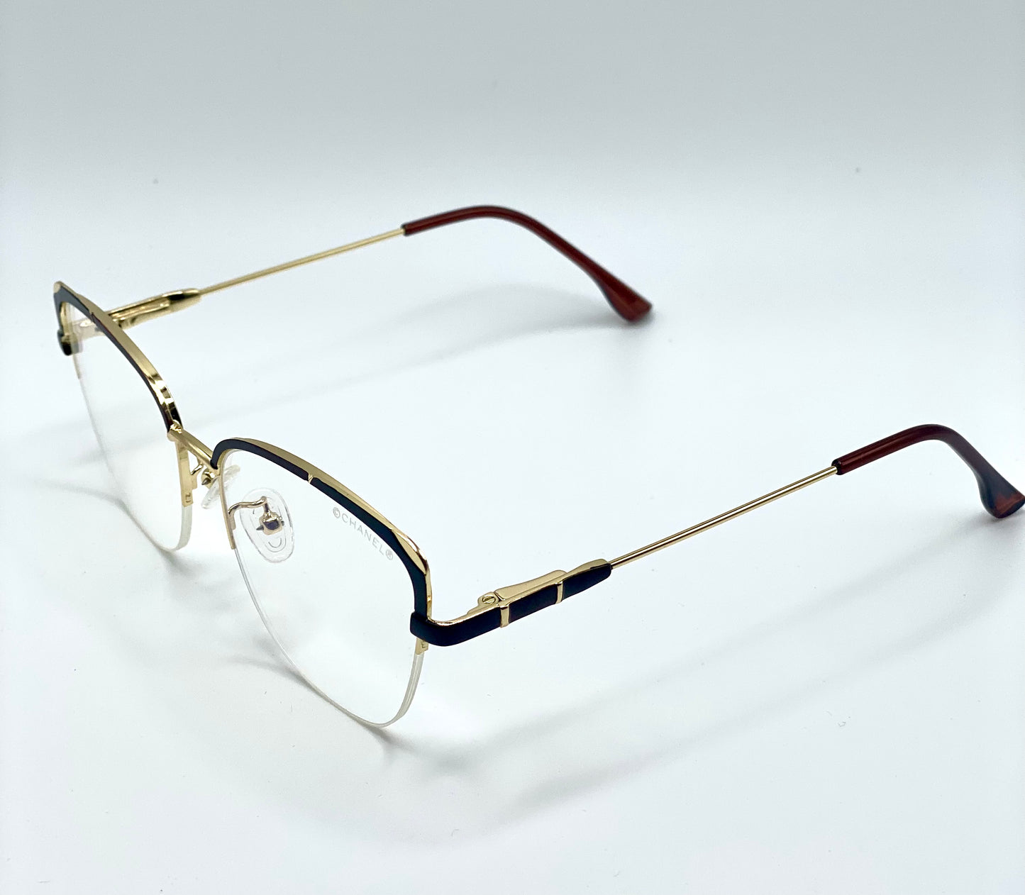 Chanel Men Women Eyeglasses Frames Golden Tone Metal Frame Half Rim 55-17-145