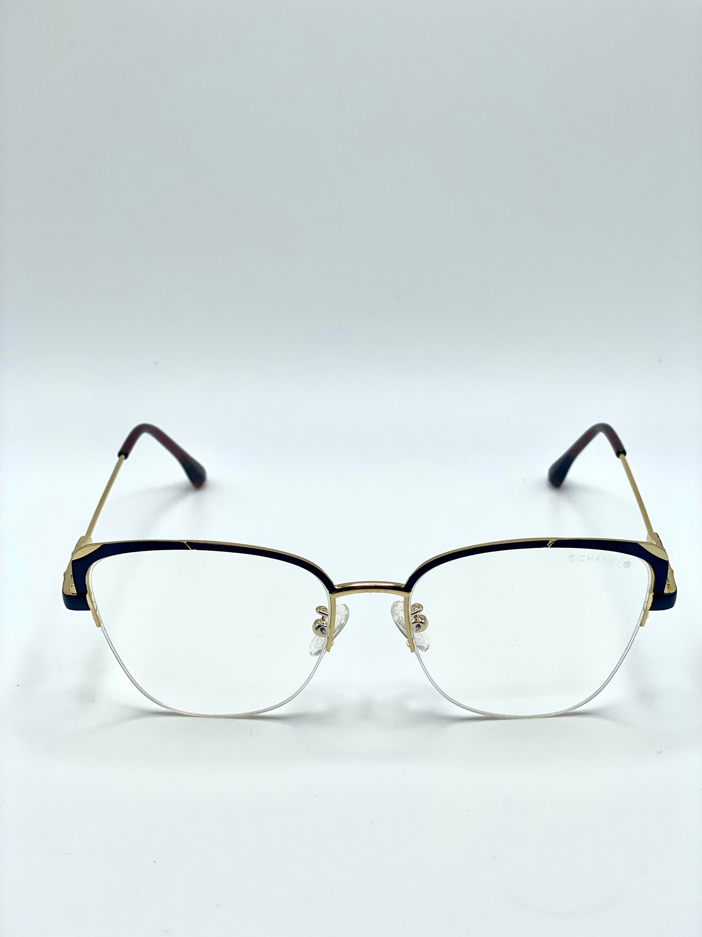 Chanel Men Women Eyeglasses Frames Golden Tone Metal Frame Half Rim 55-17-145