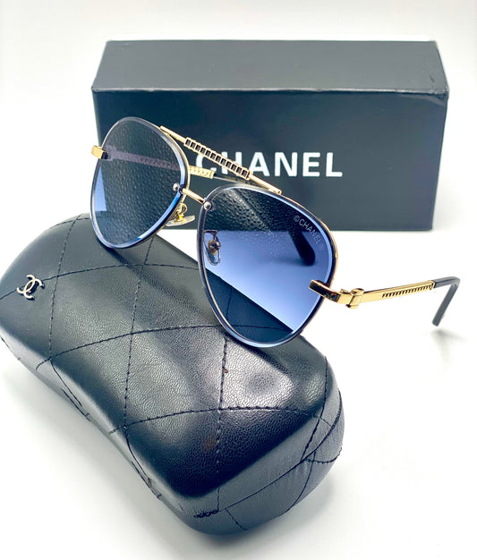 Chanel Men Women Sunglasses Golden Frame Deep Blue Lenses 65-16-142