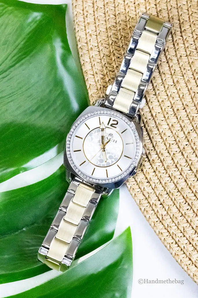 Coach Boyfriend Crystal Bezel Silver Gold Toned Watch